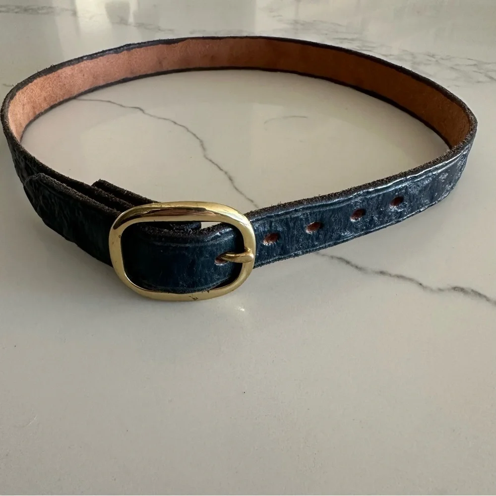 Vintage Textured Leather Medium Leather Belt Gold Tone Oval Buckle Navy Blue S